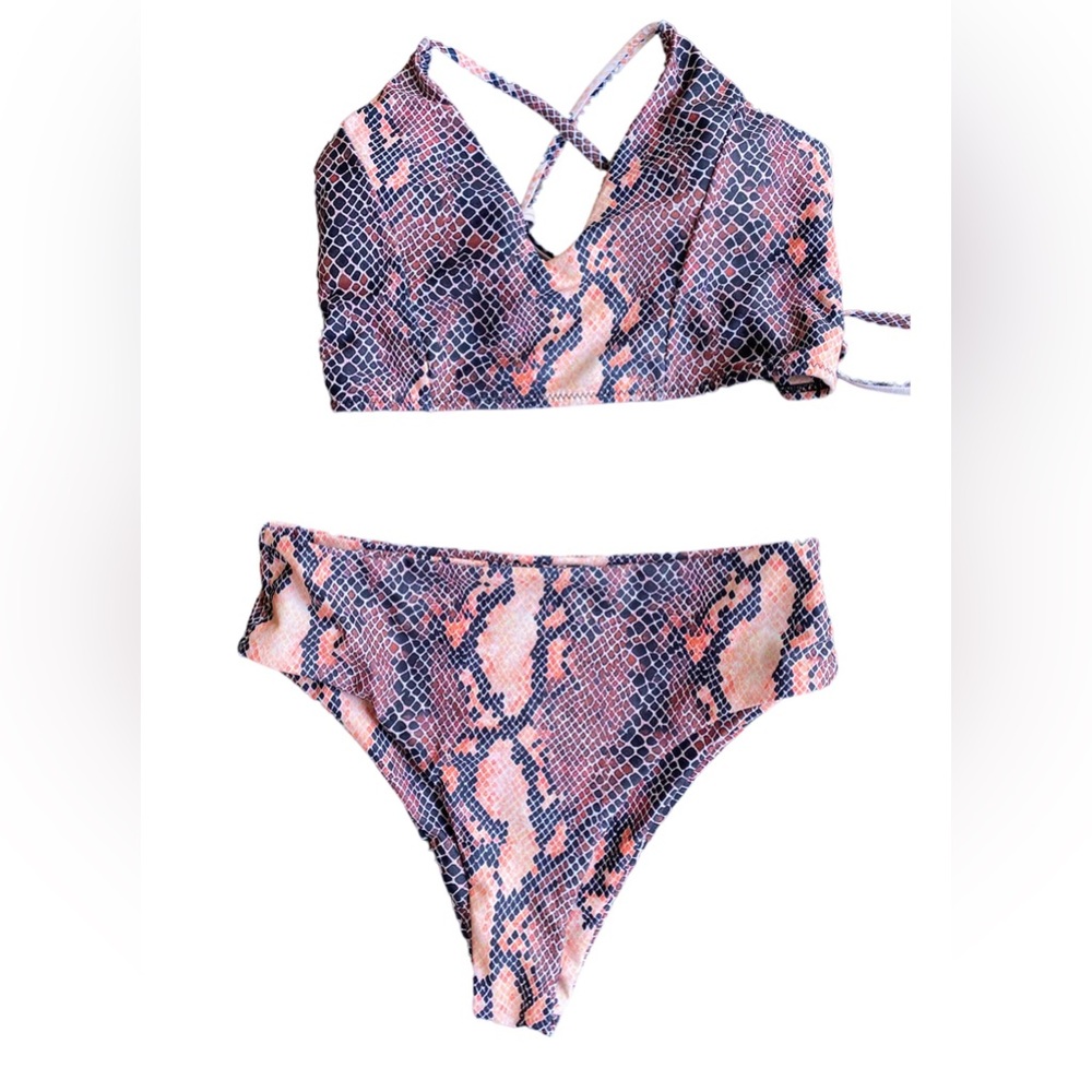 Snakeskin Lace-up Back High Waisted Bikini Swimsuit SHEIN 2 Piece Set - Picture 1 of 2